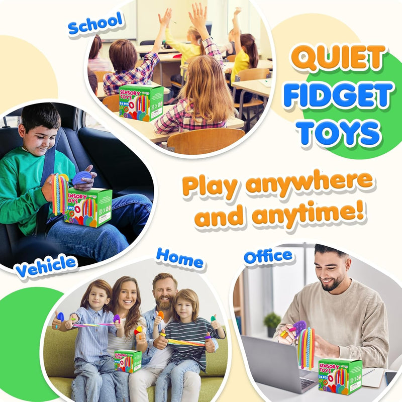Fidget Sensory Toys for Kids: 26 Pack Quiet Squishy Fidgets for Classroom Students Prizes- Textured Soft Fidget Rings Stretchy Strings for Autism - Office Desk Toddler Travel Fidget Box,Easter Gifts
