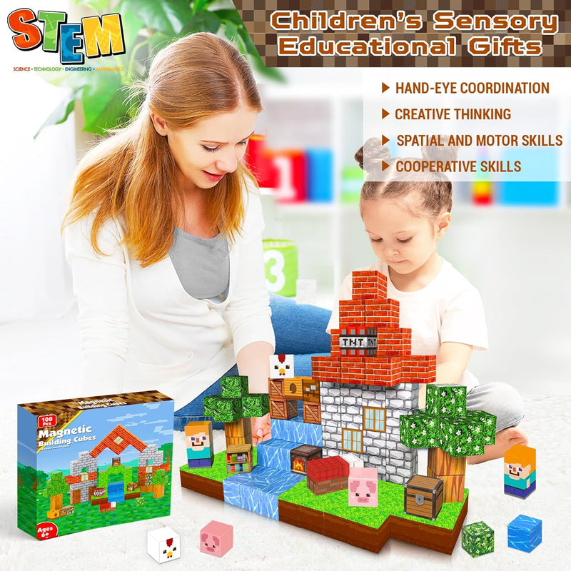100PCS Goody King Magnetic Building Cube Game, STEM Montessori Stacking Toy, Sensory Tiles for Boys & Girls Age 3-4, 5, 6, 7, 8, 9, 10