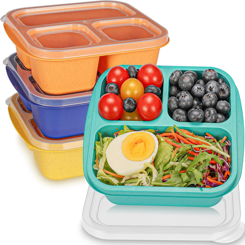 TOUWMX Bento Box For Kids, 4 Pack 3 Compartments Meal Prep Containers Reusable Lunch Containers, Food Storage Containers With Lids, Stackable Snack Boxes for School, Work, and Travel