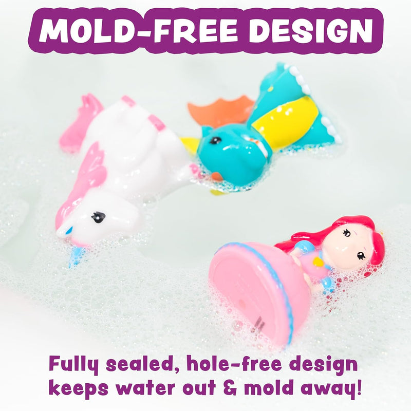 Tub Works® Fantasy Watertight Bath Toys, 6 Pack | Sealed, No Hole Bath Toys Design Keeps Moisture Out | Soft, Squeezable & Float on Water | Baby & Toddler Bathtub Toy | Unicorn Baby Girl Bathtub Toy