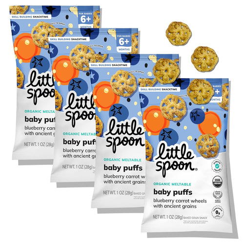 Little Spoon Blueberry Carrot Meltable Baby Wheels, 1 Oz Bag, 4 Pack | Organic Corn, Quinoa & Sorghum, No Added Sugar Snacks, Encourages Self-Feeding, For Babies 6+ Months