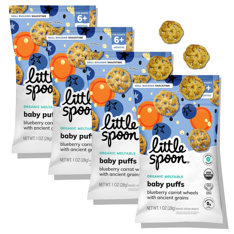 Little Spoon Blueberry Carrot Meltable Baby Wheels, 1 Oz Bag, 4 Pack | Organic Corn, Quinoa & Sorghum, No Added Sugar Snacks, Encourages Self-Feeding, For Babies 6+ Months