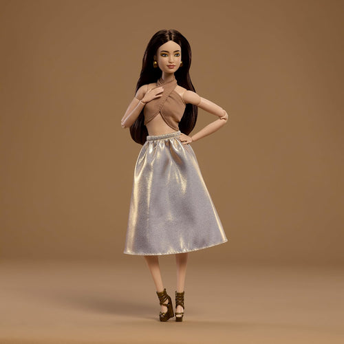 Barbie Basics Model Collector Fashion Doll 06 with Brunette Hair, Shimmery Golden Skirt & Halter, Universal-fit Fashions, Posable Body