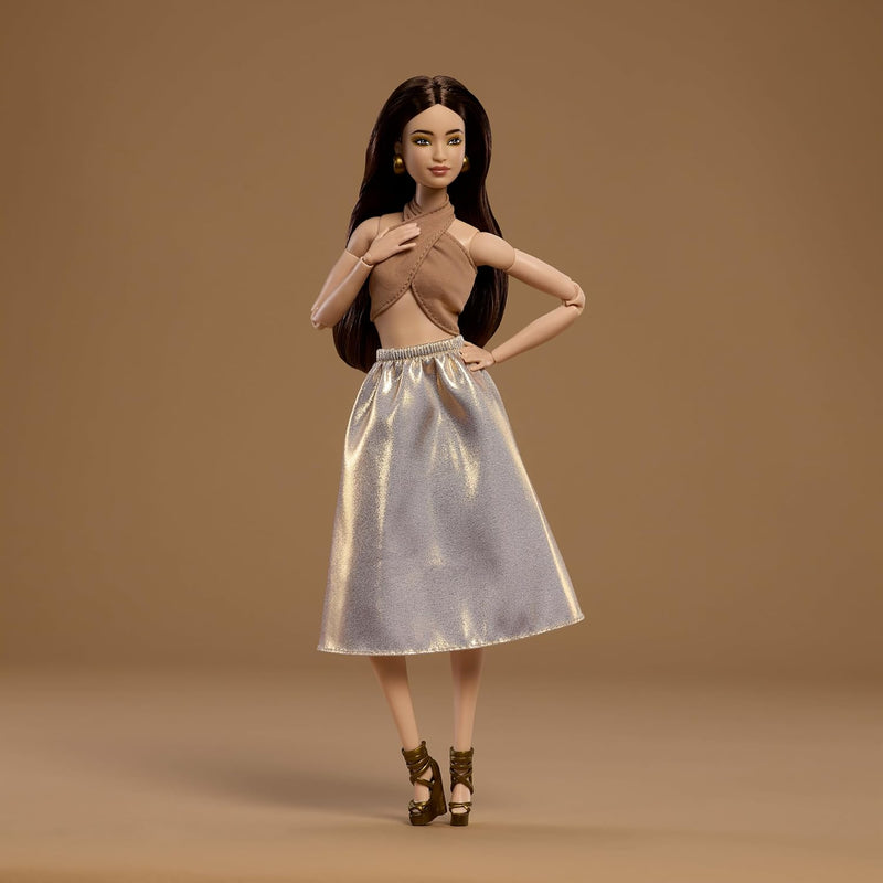 Barbie Basics Model Collector Fashion Doll 06 with Brunette Hair, Shimmery Golden Skirt & Halter, Universal-fit Fashions, Posable Body