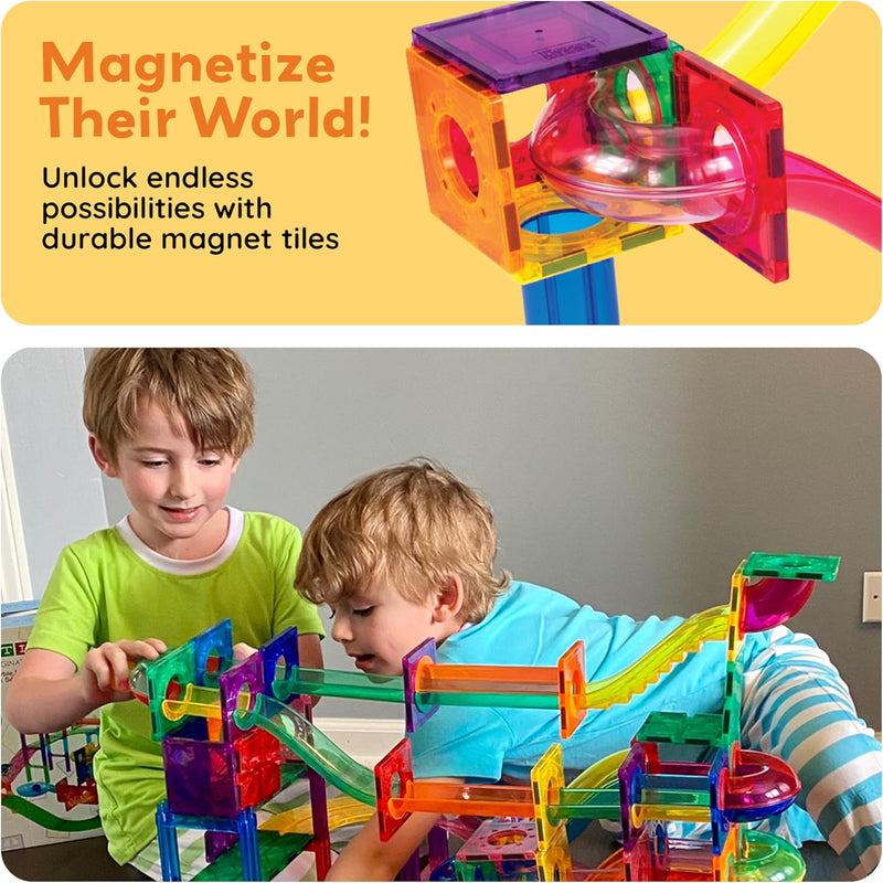 PicassoTiles 100pc Magnetic Marble Run Set with Racing Track Tiles Funnels Curved Slopes and Steel Balls for Kids STEM Construction Indoor Learning Toy that Promotes Focus and Problem Solving PTG100