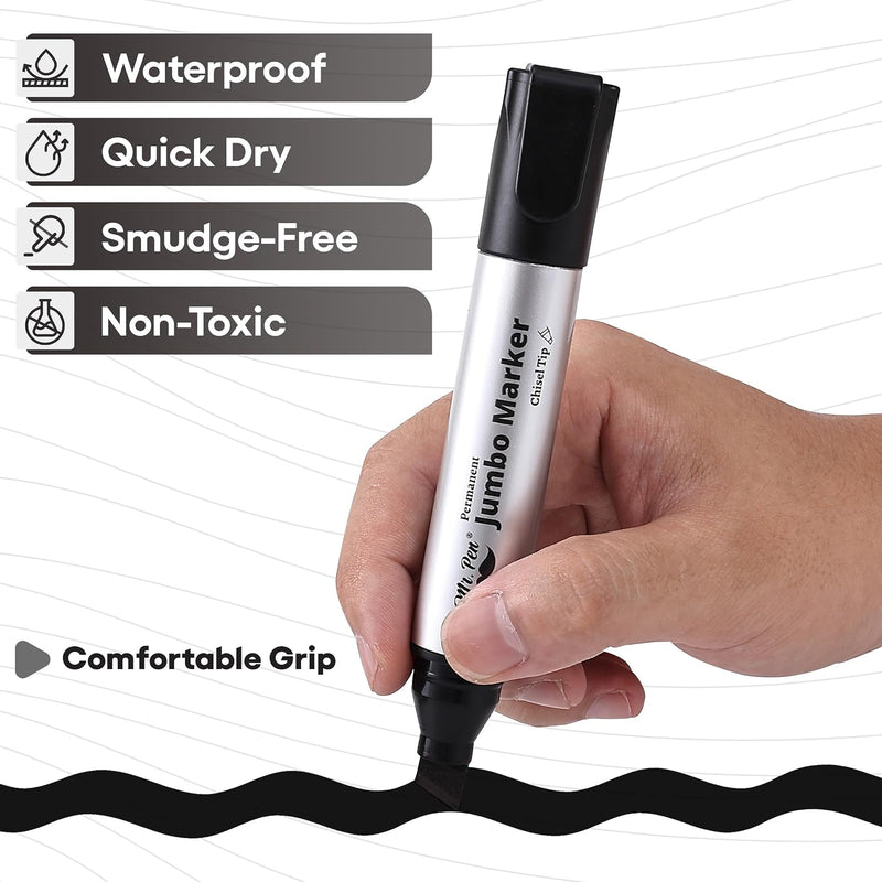 Mr. Pen- Jumbo Permanent Markers, 4 Pack, Black, Chisel Tip | Wide Tip, Large, Thick Permanent Markers for Canvas, Posters Board, Fabric, Window, Glass, Wood, Waterproof, Quick Dry