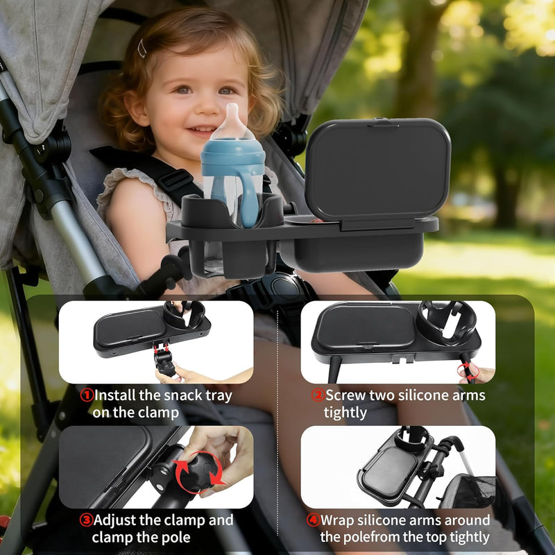Universal Stroller Snack Tray, Easy Clean Removable Silicone Insert | for Mockingbird Nuna Bugaboo, Dual-Lock Sturdy Grip, Different Size Cups Holder, Easy to Attach, Toddler Snacking On The Go