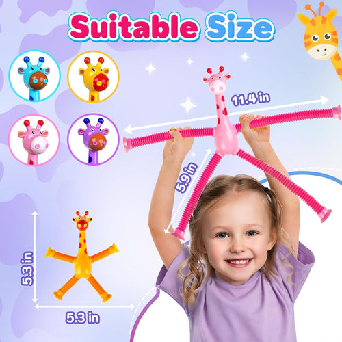 Giraffe Sensory Travel Toys 4Pcs for Roadtrip Car Ride Airplane Toddler Girl Year Old Ages 2 3 4 5 6 7 8, Suction Autism Pop Tube Fidget Toy Autistic Valentines Day Stocking Easter Basket Stuffer Gift