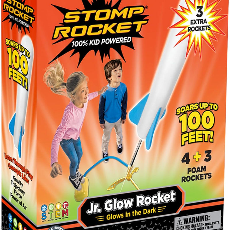 Stomp Rocket Jr Glow Rocket Launcher for Kids - 4 Glow-in-The-Dark Rockets - Outdoor Fun Toy Gift for Boys & Girls - STEM Soft Foam Blaster Set Soars Up to 100 Feet - Ages 3 & Up