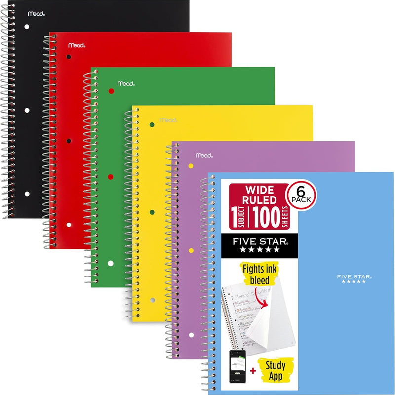 Five Star Spiral Notebook + Study App, 6 Pack, 1 Subject, Wide Ruled Paper, 8" x 10-1/2", 100 Sheets, Fights Ink Bleed, Water Resistant Cover, Assorted Colors (38042)
