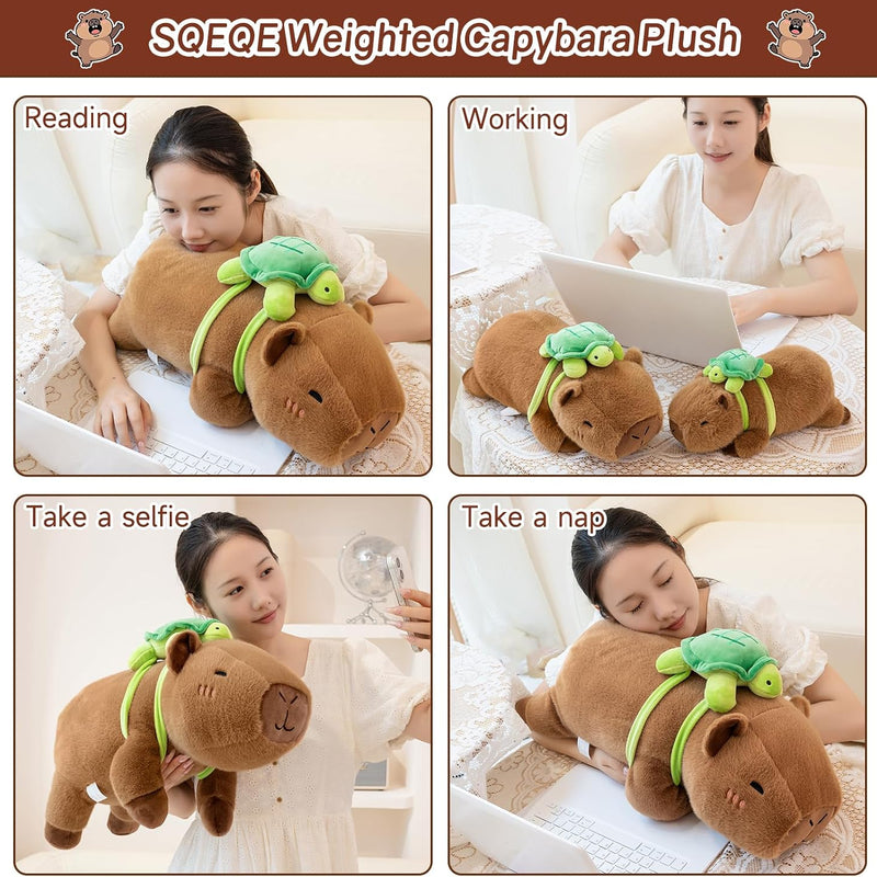 SQEQE Weighted Stuffed Animals Capybara Plush, Weighted Capybara Stuffed Animals with Turtle Backpack, Soft Pillow Toy for Kids Adults, Birthday Present & Valentines Gifts 9.8 Inch, 0.8 Lb