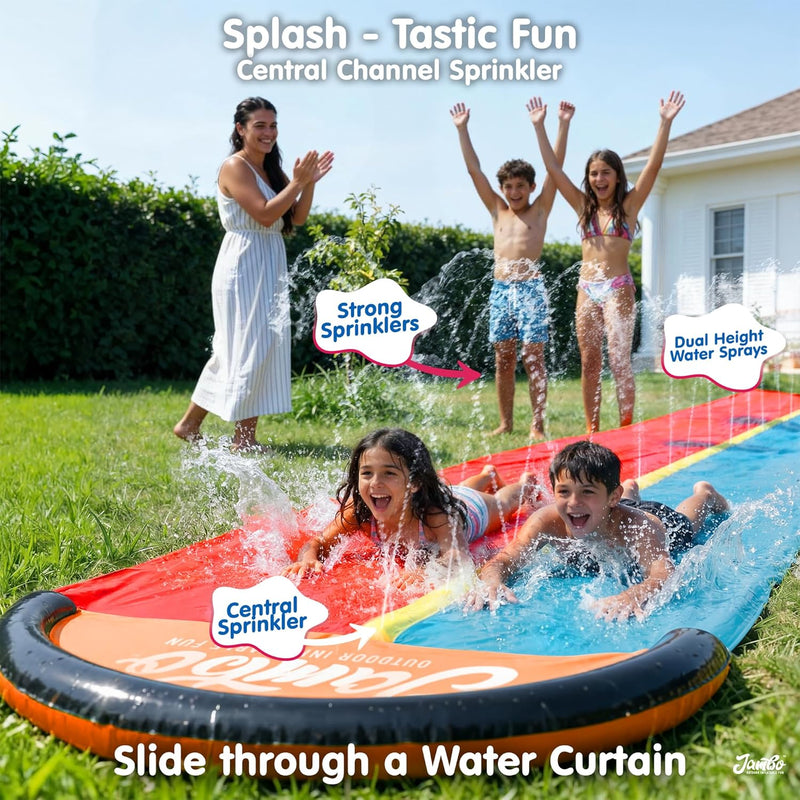 JAMBO Premium 24Ft Budget Slip Splash and Slide, Heavy Duty Water Slide with Advanced Sprinkler System, Backyard Waterslide, Splash Mat, Outdoor Water Toys n Slides for Kids