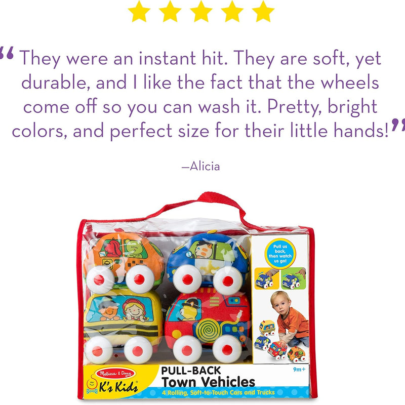 Melissa & Doug K's Kids 4-Piece Soft Toy Car and Truck Set with Removable Wheels for Learning and Development for Babies and Toddlers