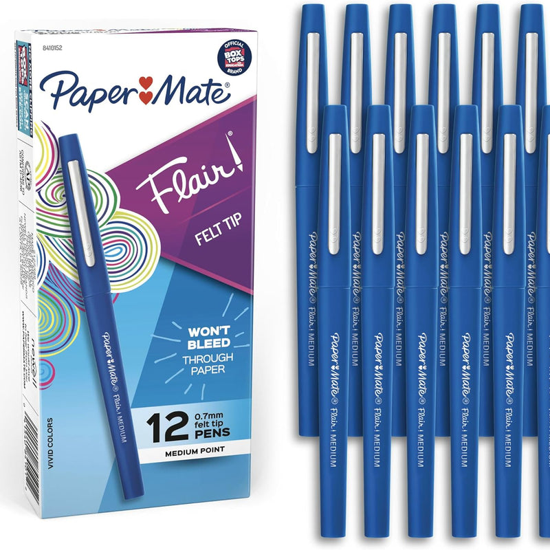 Paper Mate Flair Felt Tip Pens, Medium Point (0.7mm), Blue, 12 Count - Teacher Supplies, Arts & Crafts, Back to School