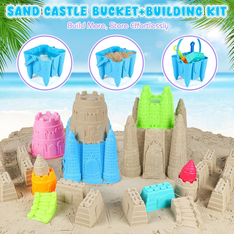 Beach Toys, Creative Sand Toys for Kids Boys and Girls, Sand Castle Building Kit with Stack Castle Buckets, Tools, Mesh Bags, Character Molds for Role Play, Outdoor Toys for Toddlers Kids Ages 3-10