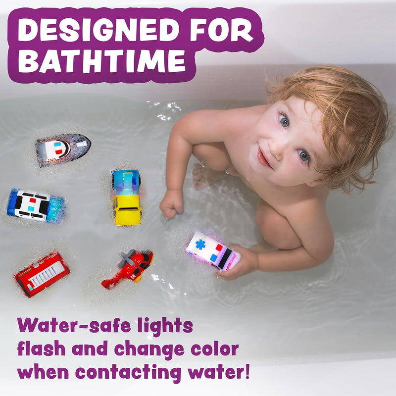 Tub Works Emergency Cars Light Up Bath Toys, 6 Pack, Water-Activated Lights, Soft and Squeezable