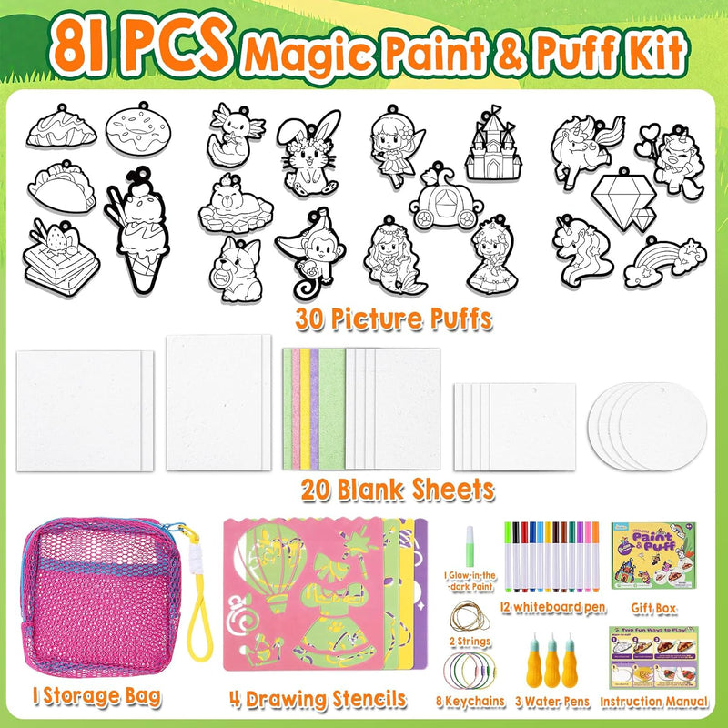 JMMICO 81 PCS 3D Art Paint & Puff Set, Mess-Free Crafts for Kids Ages 4-8 | Glow-in-the-drak Aqua Water Puffs, Gifts for Girls Boys, Creative & No Mess Painting Crafts for Kids 4 5 6 7 8 9 Year Old