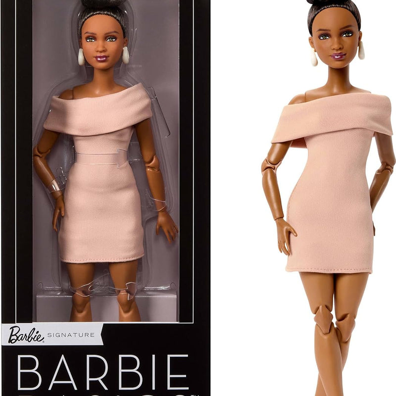 Barbie Basics Model Collector Fashion Doll 06 with Brunette Hair, Shimmery Golden Skirt & Halter, Universal-fit Fashions, Posable Body