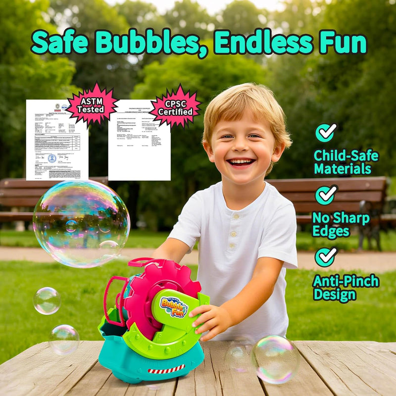 Bubble Machine for Toddlers, Kids & Pets with 8oz Safe Solution, Extra Large & Magical Bubble-in-Bubble Effects