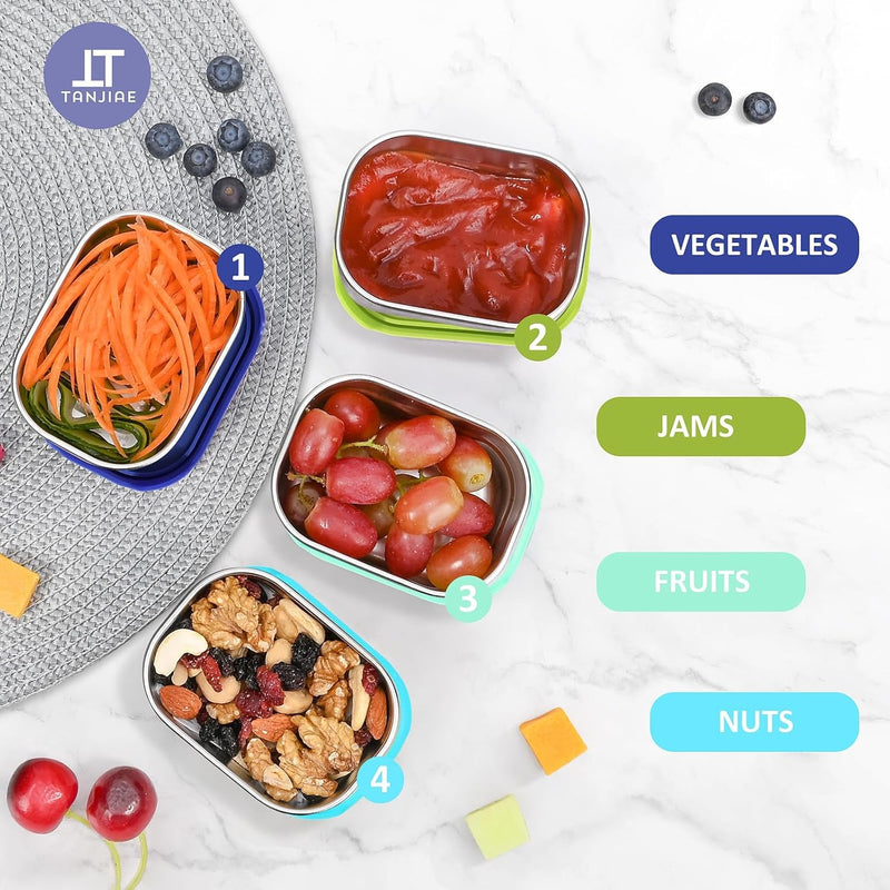 Tanjiae 4Pack 8oz Small (1 CUP) Stainless Steel Snack Containers for Kids | Reusable Easy Open Toddler Snack Containers with Silicone Lids | Stackable Toddler Lunch Box for Daycare, School and Travel