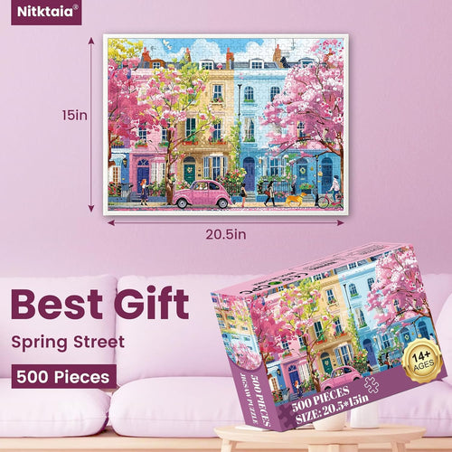 J.Biley 500 Piece Spring Street Jigsaw Puzzle for Adults & Teens, Blooming City Scene, Premium Recycled Cardboard, Anti-Glare HD Print, Letter-Coded Back, 20.5x15 Inch.