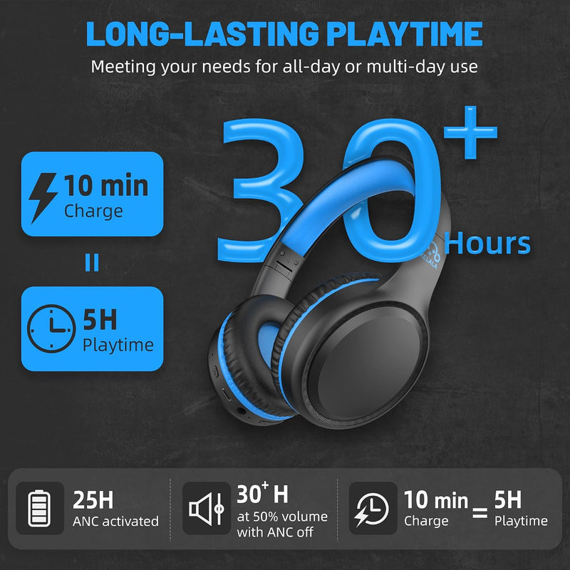 UKELALA U2B Active Noise Canceling Wired & Wireless Bluetooth 6.0 Headphones with Microphone, Foldable Lightweight Head Phones with Volume Control‌ for Kids Adult School Black Blue