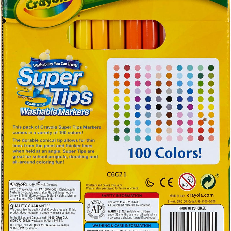 Crayola Super Tips Marker Set (100ct), Fine Point Washable Markers, Teacher Must Haves, Back to School Supplies for Kids & Adults, Art Supplies, Ages 3+