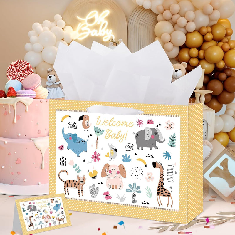 woric 14.5" Baby Gift Bag for Baby Shower Boys Girls Birthday Party | Include Tissue Paper and Greeting Cards, Ribbon Handles, Cute Animals Design, for Baby Shower and Birthday Gifts