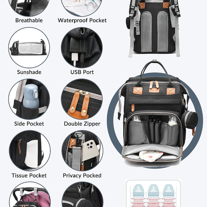 Baby Diaper Bag with Changing Station, Waterproof Diaper Bag Backpack for Moms Dads with USB Charging Port, Baby Shower Gifts, Baby essentials, Black