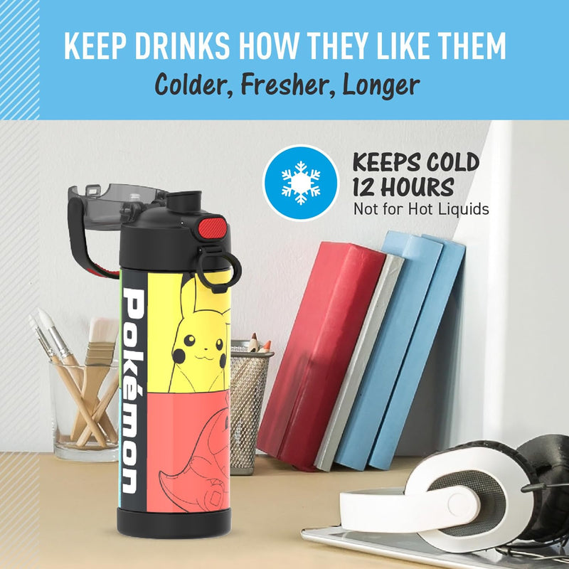 THERMOS FUNTAINER Water Bottle with Spout, 16oz, Pokemon | Kids Stainless Steel Insulated Water Bottle, Keeps Drinks Cold Longer for School & Play, BPA-Free