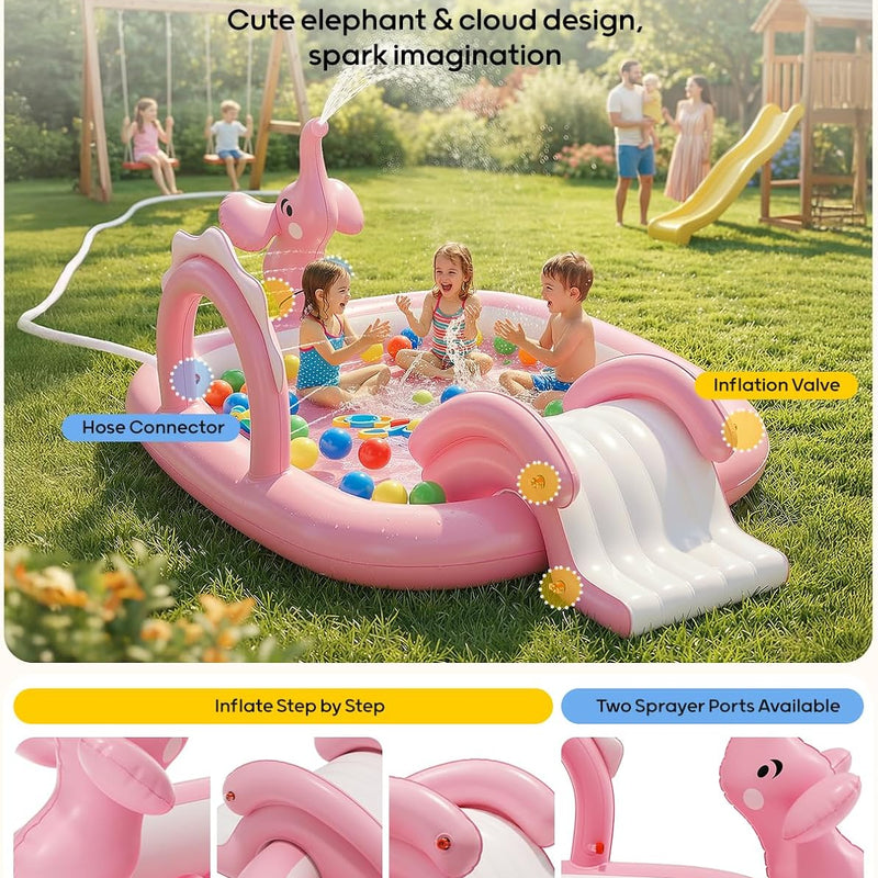 QPAU Elephant Kids Pool with Slide and Sprinkler, Inflatable Play Center with 4 Rings, 72 × 64 × 37 in, Fast Inflation Kiddie Pool for Garden & Backyard, Birthday Gift for Ages 1+ (Pink)