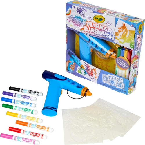 Crayola Marker Airbrush Spray Art Kit, Battery-Powered Sprayer with 8 Washable Markers & 5 Stencils, DIY Craft Set, Ages 6+