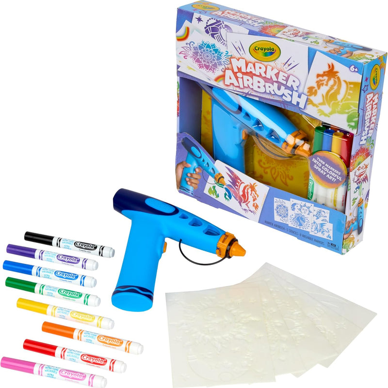Crayola Marker Airbrush Spray Art Kit, Battery-Powered Sprayer with 8 Washable Markers & 5 Stencils, DIY Craft Set, Ages 6+