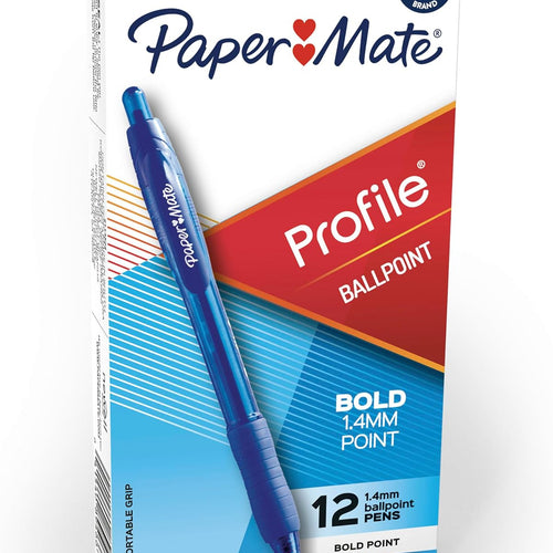 Paper Mate Profile Retractable Ballpoint Pens, Bold Point (1.4mm), Blue Ink, 12 Count - Writing, Office, Teacher Supplies