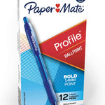 Paper Mate Profile Retractable Ballpoint Pens, Bold Point (1.4mm), Blue Ink, 12 Count - Writing, Office, Teacher Supplies