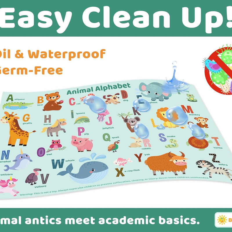 Bright Seed Disposable Placemats for Baby & Toddlers, Learning Mat- Animal1 | 40 Disposable Placemats, ABC, Numbers & Animal Learning, Perfect for Restaurants & Travel, Helps Keep Tables Clean