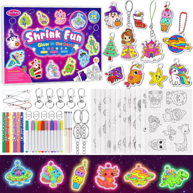 Funtopia Shrinking Art Sheets Kits for Kids, 75 Pre-Cut Keychain Making Kit | 12 Themes Shrink Paper Craft, DIY Shrink Art Plastic Sheets with Charms and Keychains Accessories
