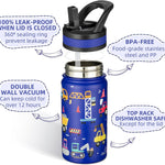 Fanhaw 14 oz Kids Water Bottle for School, Insulated Water Bottle with Straw Lid, Stainless Steel Vacuum Insulated Bottle for Boys & Girls, Leak-Proof, BPA Free(Blue - Under Construction)
