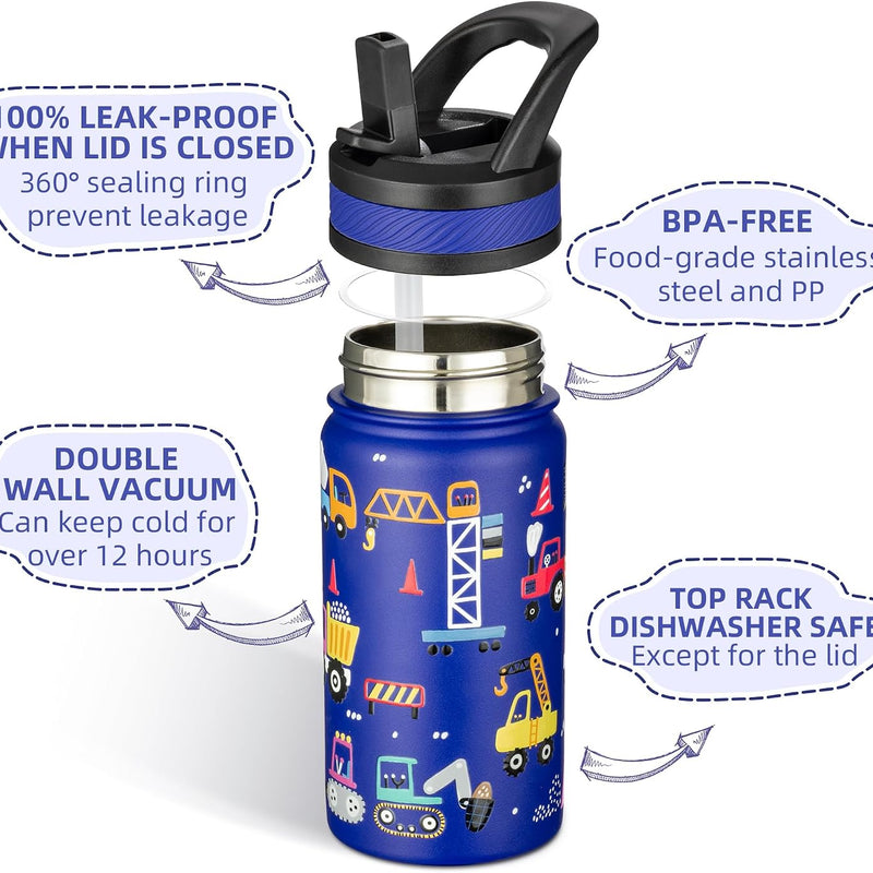 Fanhaw 14 oz Kids Water Bottle for School, Insulated Water Bottle with Straw Lid, Stainless Steel Vacuum Insulated Bottle for Boys & Girls, Leak-Proof, BPA Free(Blue - Under Construction)