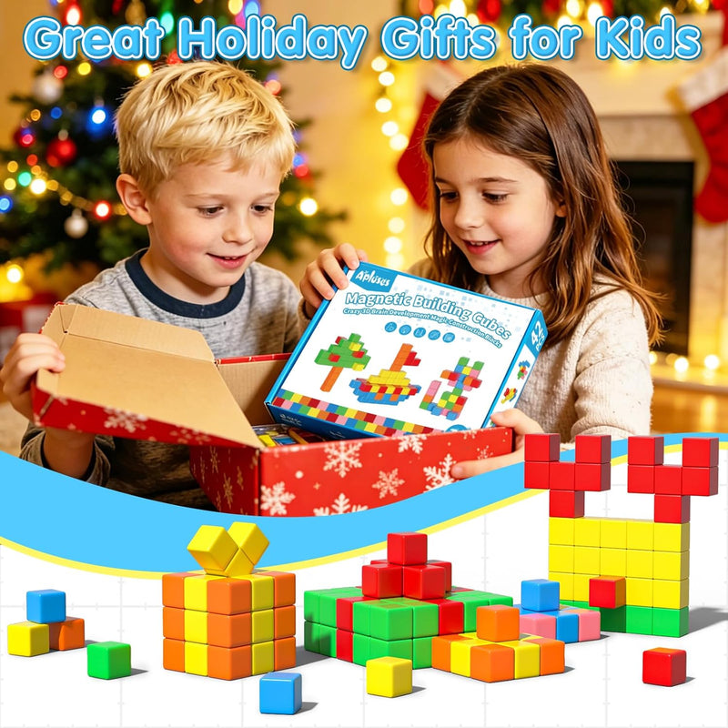 Apluses 42PCS large magnetic cubes, gifts for 3-5 year old, sensory toys with 6 colors and 3D design