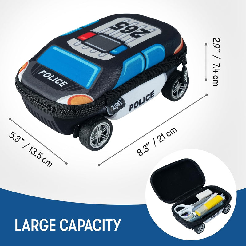 ZIPIT Police Car Pencil Case for Boys, Large Capacity Pencil Box, Blue