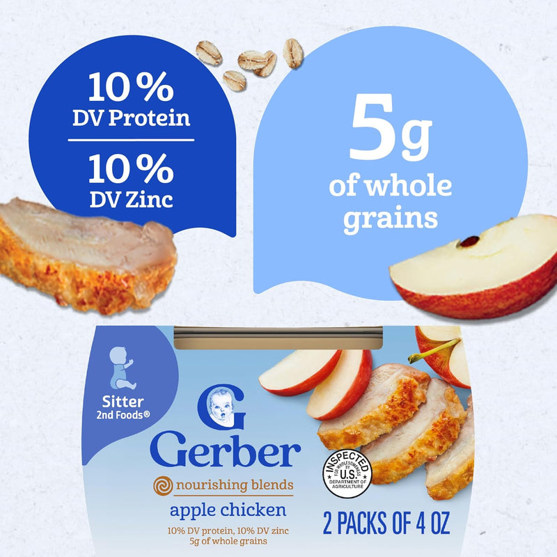 Gerber Stage 2 Apple Chicken Baby Food, 4 Oz, 16 Pack | Stage 2 puree; apple chicken; 16 x 4 oz tubs