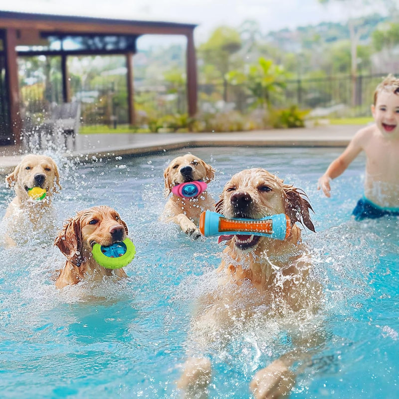 MEWTOGO 4 Pcs Dog Pool Floating Toys - Squeaky Dog Water Toys, Safe Durable TPR Interactive Dogs Toys for Aggressive Chewers Large Fetching Playing