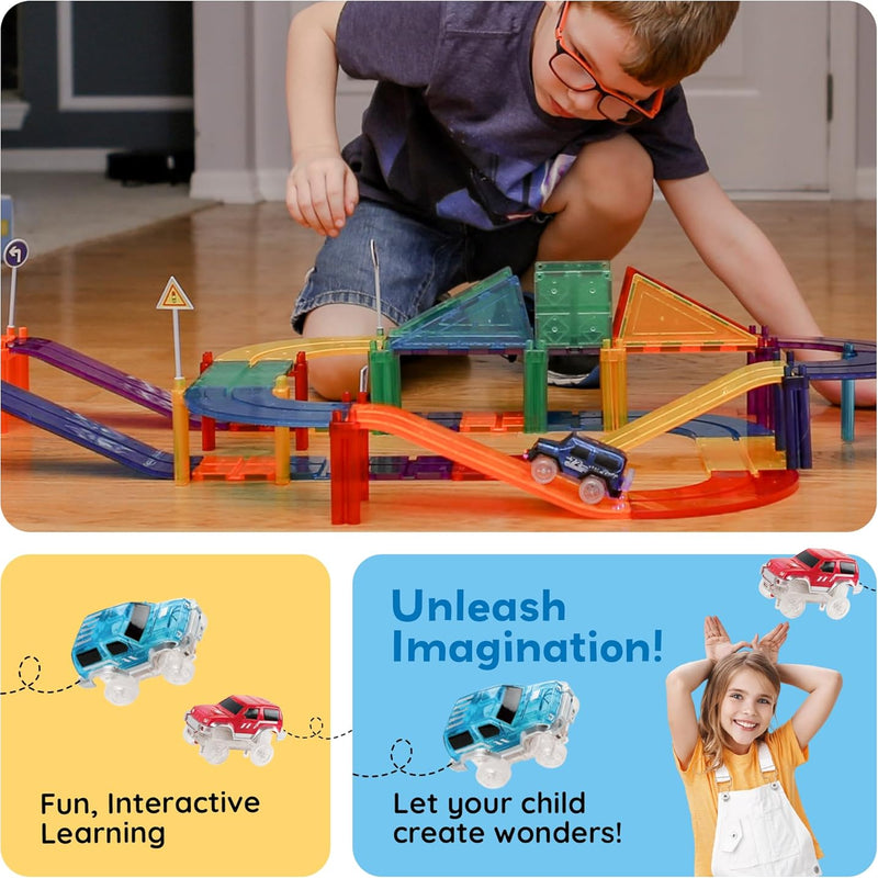 PicassoTiles Race Track Magnetic Tiles Car Toy Fun Playset Includes 2 Racing Trucks Racecars STEM Educational Magnet Building Block Construction Set for Toddlers Boys Girls Ages 3 and Older PTR30