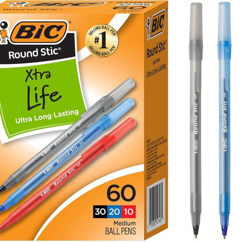 BIC Round Stic Xtra Life Ballpoint Pen with 1.0 mm Medium Point and Consistent Ink Flow, 60-Count in Blue Ink