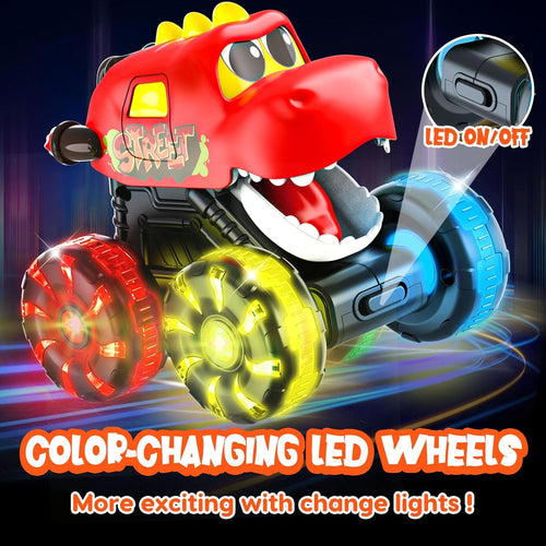 Monster Truck Toys with Dinosaurs for Toddlers 1-3, Press-and-Go Lights-Up Trucks