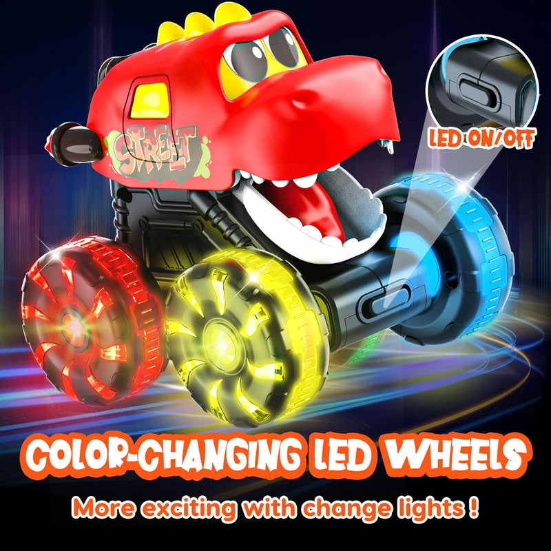 Monster Truck Toys with Dinosaurs for Toddlers 1-3, Press-and-Go Lights-Up Trucks