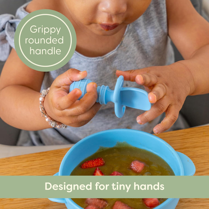Self-Feeding Spoon - Anti Choke Barrier - Silicone Baby Spoons Toddler Utensils for Home & Travel, Textured Tips Massage Gums & Baby-Led Weaning (Blue/Gray/Mint)