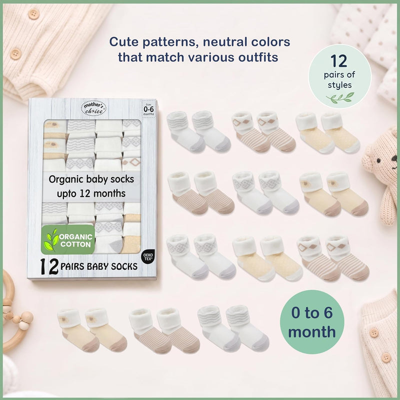 Organic Cotton Blend 12 Newborn Baby Socks 0-6 M Unisex Registry | Oeko-Tex Certified, Ankle Socks, 12 Pairs, Baby Socks With Grips, Baby Girl Socks, Brown Socks, Unisex Design, 0-6 Months