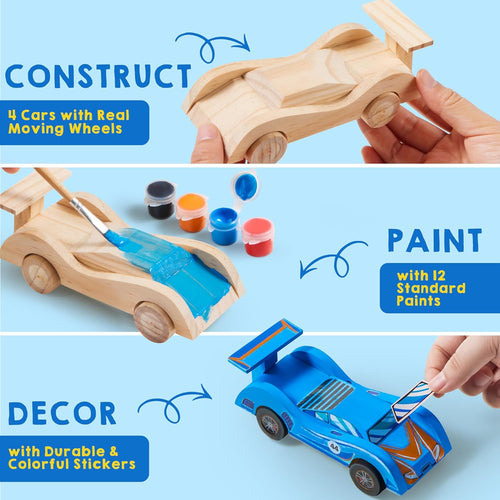 Klever Kits 4 DIY Wooden Race Cars Craft Kit for Kids, Easy to Assemble Arts and Crafts Toy with Paint and Stickers